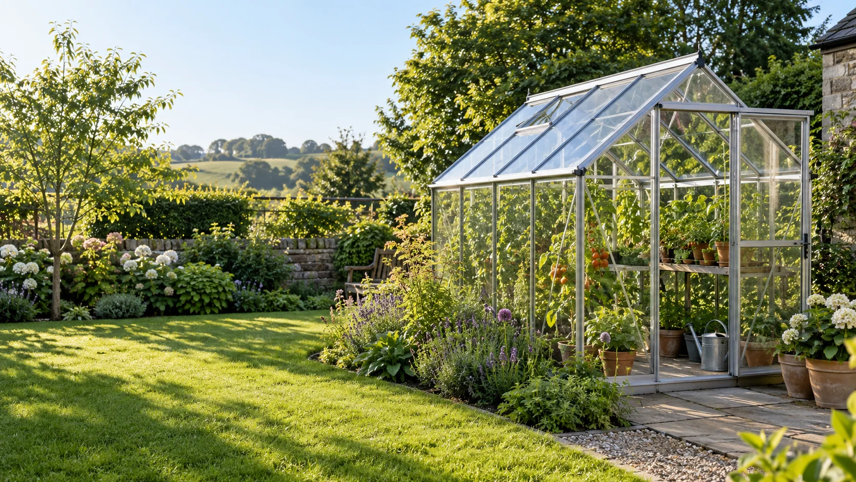 An illustration of an aluminium greenhouse in a leafy British garden